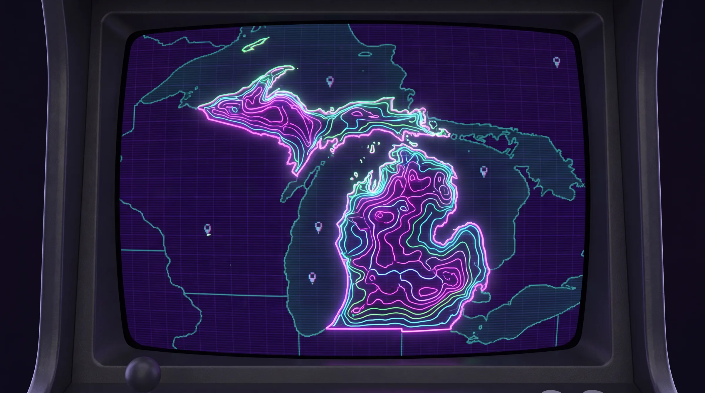 Stylized neon relief map of Michigan's Lower Peninsula marking all four Olswell cannabis store locations.