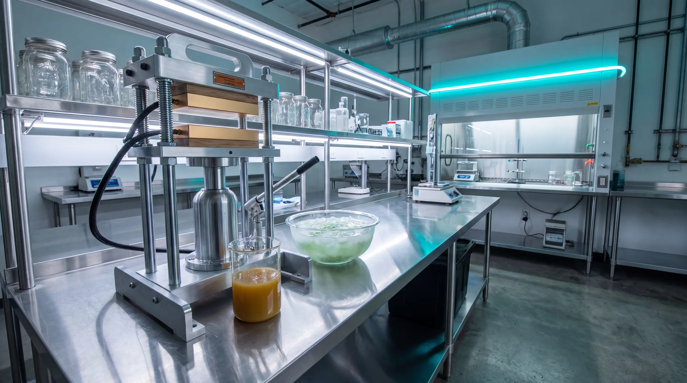 Rosin press on a stainless lab bench beside a jar of amber rosin