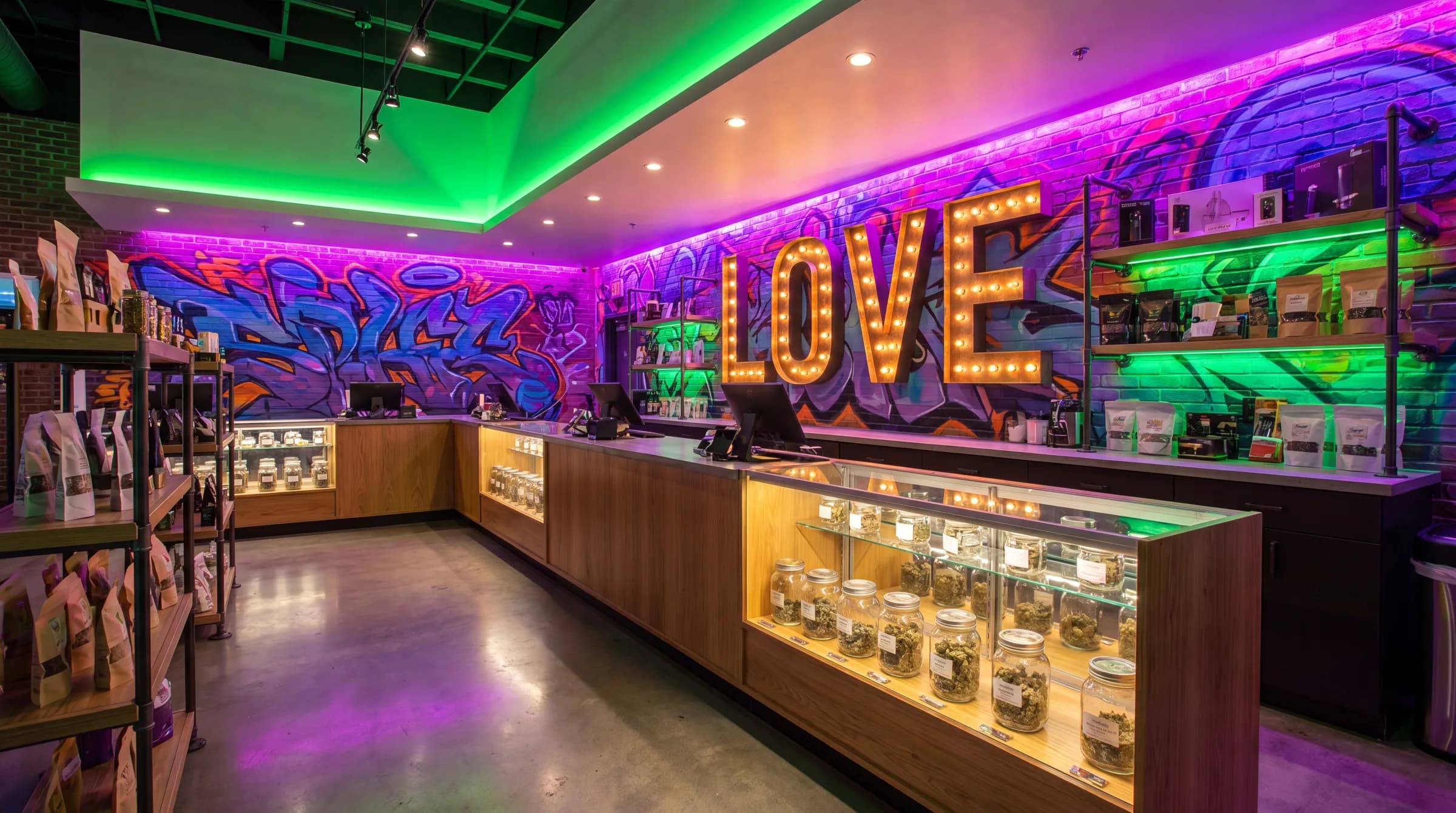 Dispensary sales floor with jarred flower in a lit glass case and a graffiti wall