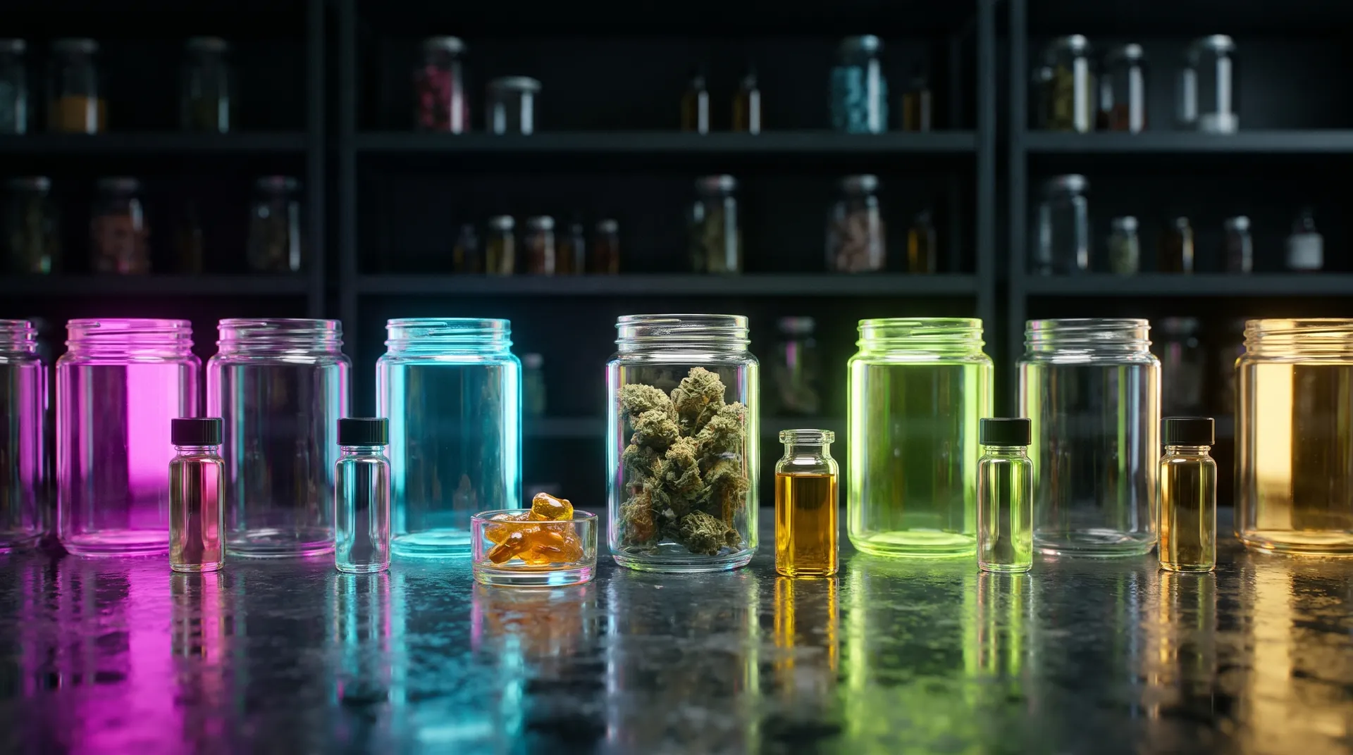 Backlit glass jars and vials on dark shelves, each glowing a different color