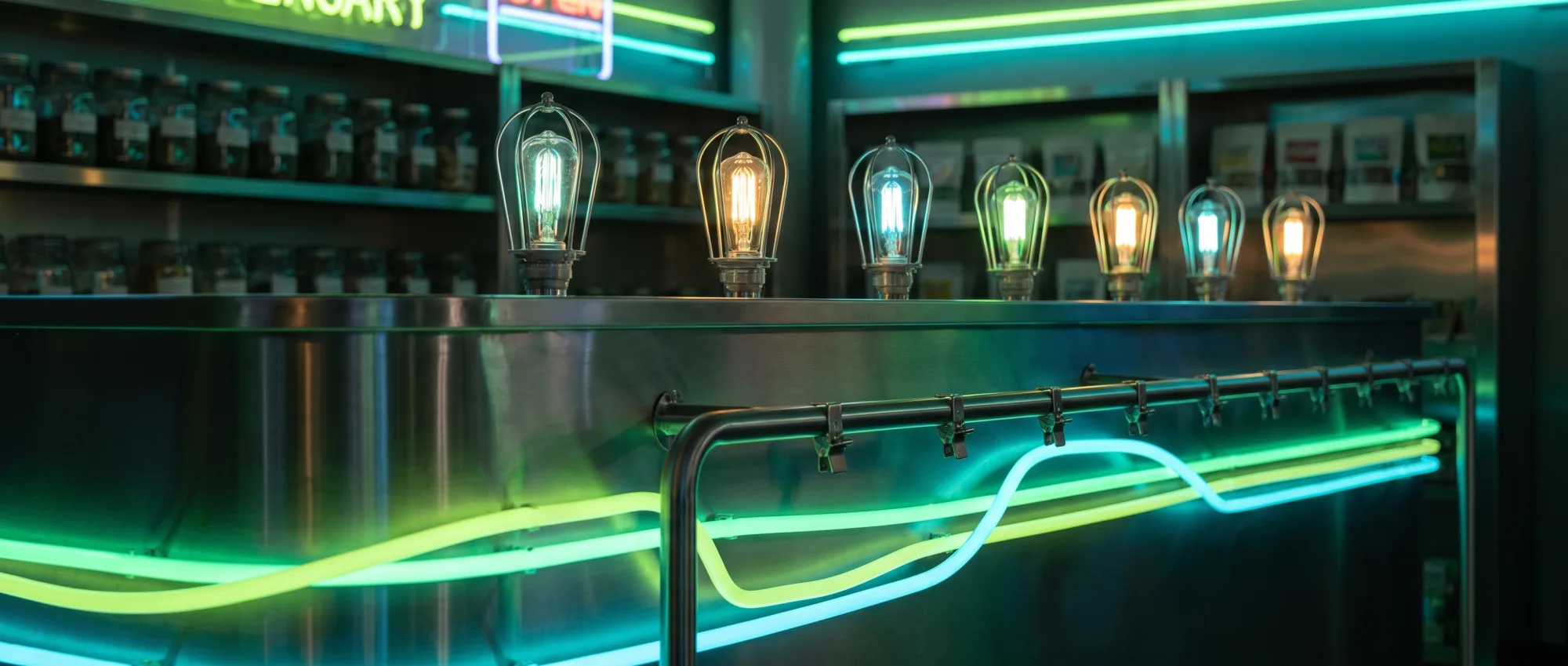 Dispensary counter with neon trim in front of shelves of glass jars