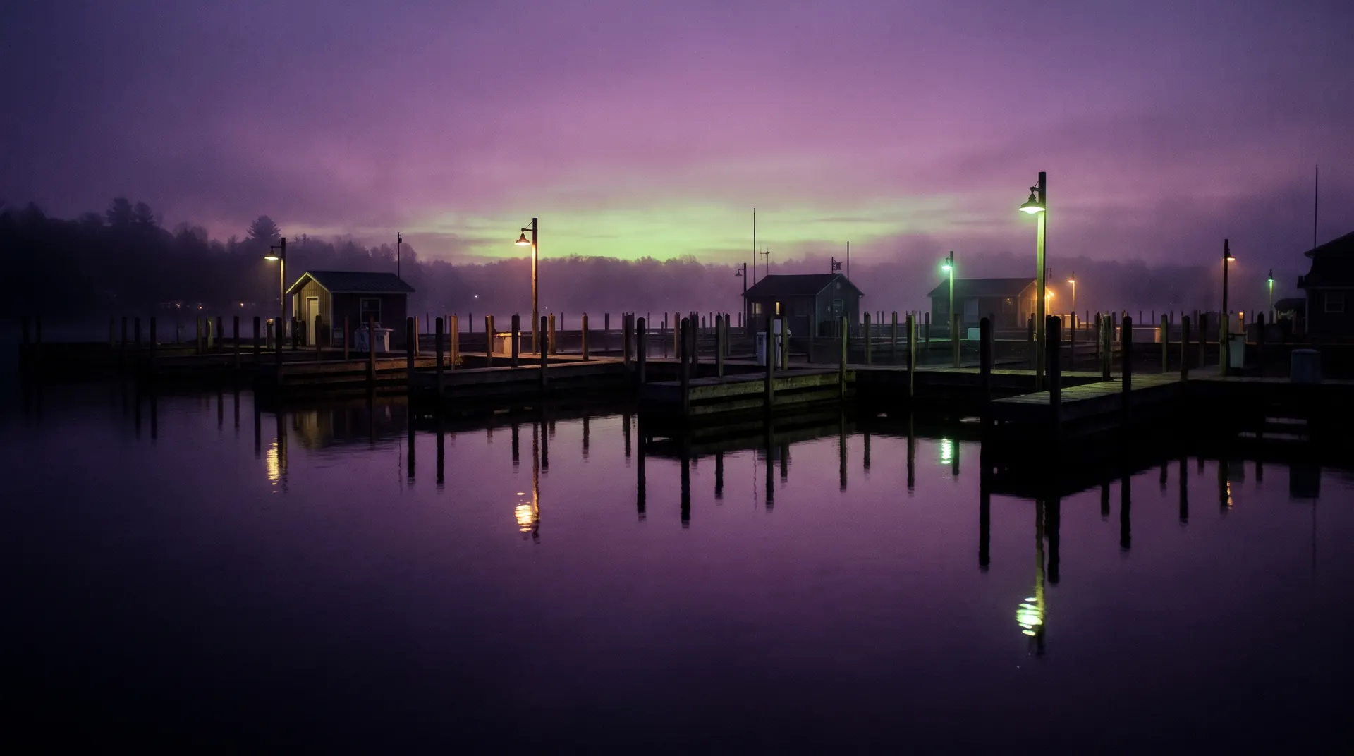 Empty wooden docks and lamp posts reflected in calm water under a violet twilight sky.