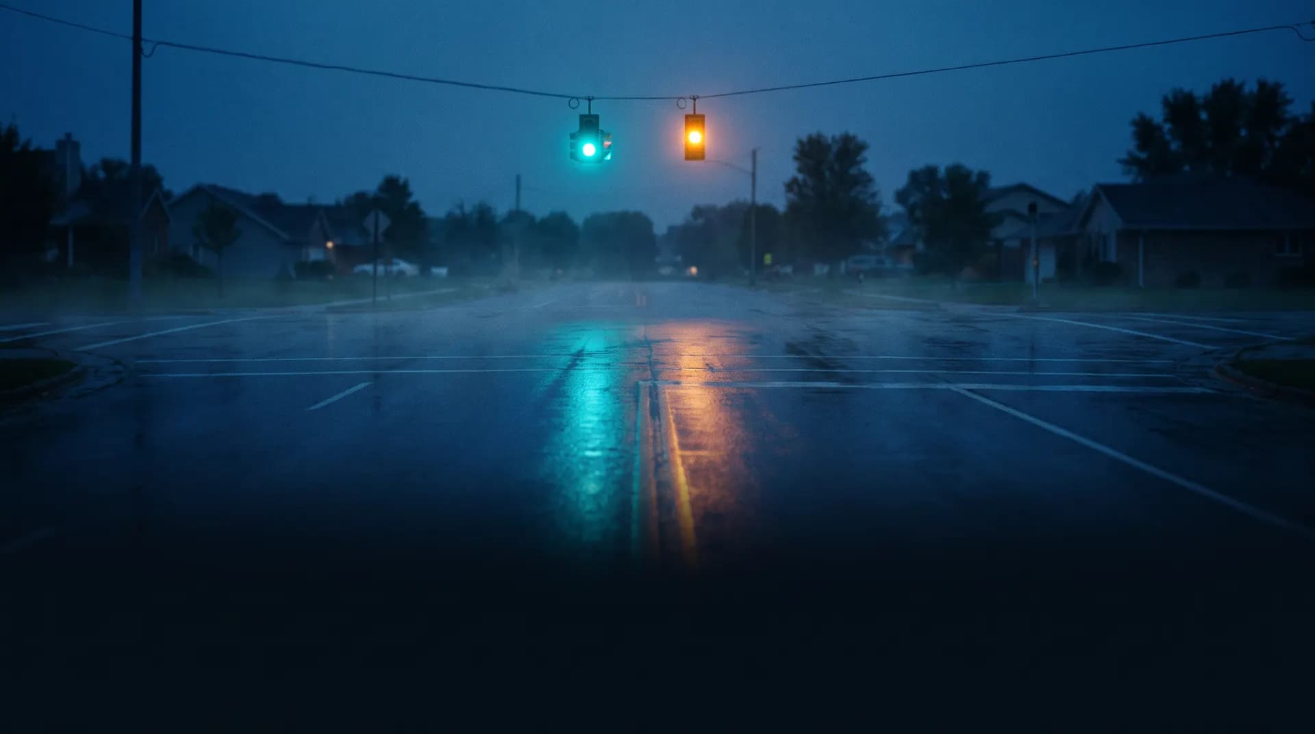 Empty wet suburban crossroads at blue hour under a hanging traffic signal glowing cyan and amber.
