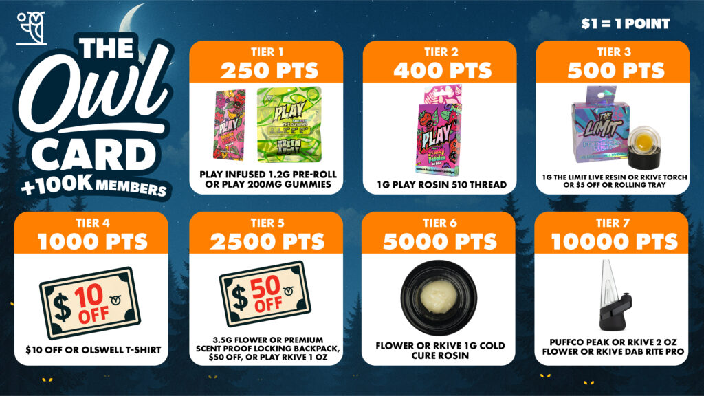 Olswell Cannabis loyalty program The Owl Card — earn points for purchases and redeem rewards like flower, rosin, and Puffco products.