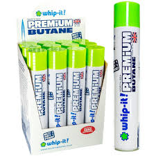 “Whip-It Premium Butane canister displayed with multipack box — high-purity lighter refill fuel.”