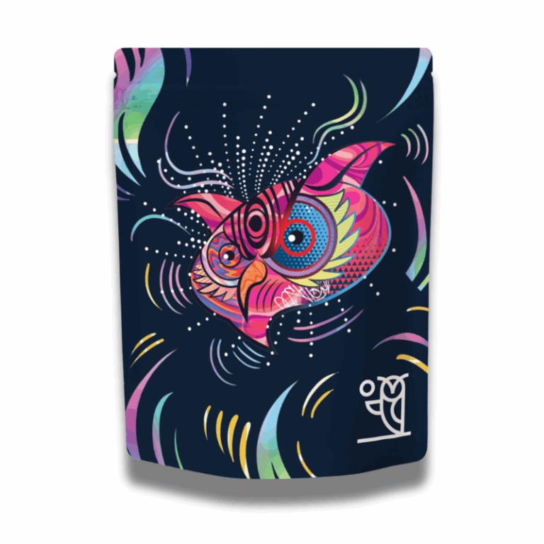 “Olswell Premium cannabis flower in vibrant holographic owl packaging – Michigan craft cannabis.